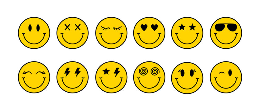 Naklejka Hand drawn smiley face set doodle drawings funny melting smile face happy emoji smiling character cartoon illustration