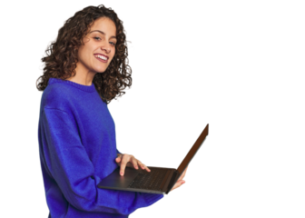 Happy caucasian woman searching on laptop.