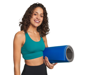 This athletic young woman is ready to find balance and inner peace with her trusty yoga mat in hand. Namaste.