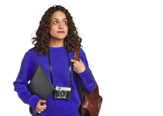 Joyful digital nomad with vintage camera and laptop.