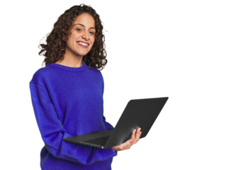Happy caucasian woman searching on laptop.