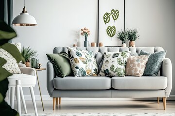 Patterned pillows on grey sofa in bright living room in spacious apartment, real photo. Generative AI
