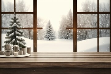 Empty wooden table, desk or shelf with blurred view of Christmas living room with tree and fireplace, panoramic windows on winter landscape, modern interior design concept, illustration. Generative AI