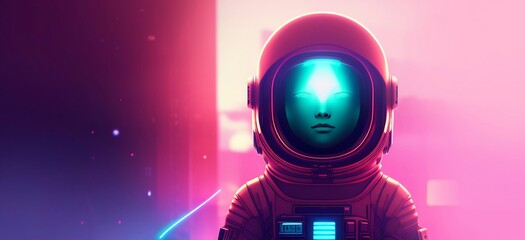 Retrowave style colorful banner with a cyborg astronaut, copy space, anime character. Generative AI