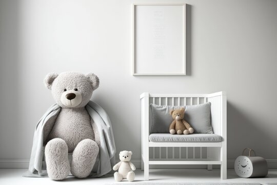 Stylish grey baby room interior with wooden furniture, white scandinavian ladder and teddy bear on pouf, real photo with copy space on the empty wall. Generative AI