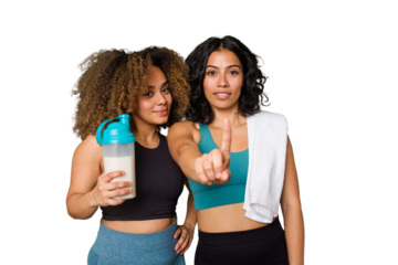 Two best friends are ready to go to the gym, one of them holds a protein shake, showing number one with finger.