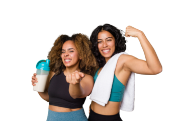 Two best friends are ready to go to the gym, one of them holds a protein shake, pointing with finger at you as if inviting come closer.