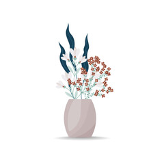 A bouquet of flowers in a vase. Vector illustration in flat style, boho. Blooming carnation flowers, decorative leaves.