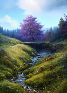 countryside brook with pink blossom tree