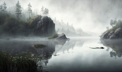 Obraz premium a foggy lake surrounded by trees and a large rock. generative ai