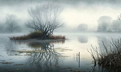 Fototapeta na wymiar a painting of a swampy lake with trees in the fog. generative ai