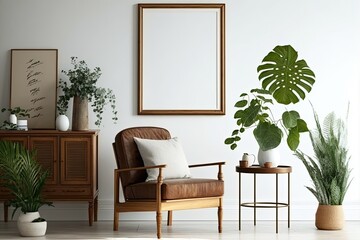 Minimalist composition of living room with brown mock up picture frame, plant, retro armchair, dried tropical leaf, decoration and elegant personal accessories in stylish home decor. Template