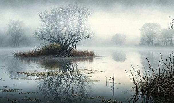  a painting of a swampy lake with trees in the fog.  generative ai