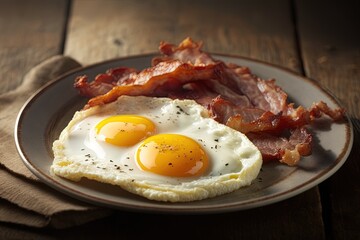 A close up shot of a plate of delicious bacon and eggs. Generative AI.