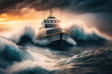 A modern scientific boat on a stormy sea. Generative AI.