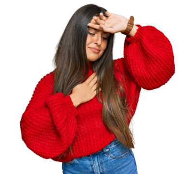 Beautiful hispanic woman wearing casual clothes touching forehead for illness and fever, flu and cold, virus sick