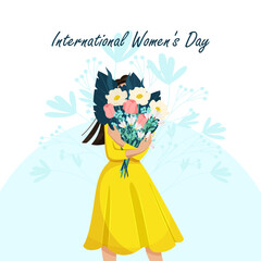 Young woman is holding a beautiful bouquet of flowers. International Women s Day. Vector illustration.