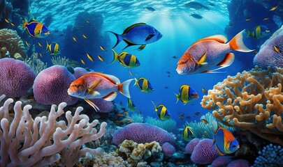  a group of fish swimming over a coral reef in the ocean.  generative ai