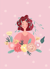 Bright illustration with a woman, flowers and leaves in a circle. Spring happy woman. Happy mother's day. Ideal for greeting cards, cards, banners, posters. Vector graphics.
