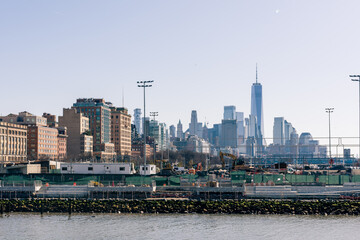 Fototapeta premium View on Manhattan Downtown from Little Island, artificial island park in Hudson River in New York City.
