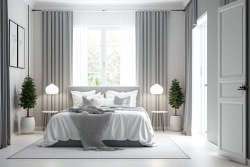 Luxury Scandinavian style bedroom interior with a master bed and a gray rug under it. A side view. mock up. Generative AI