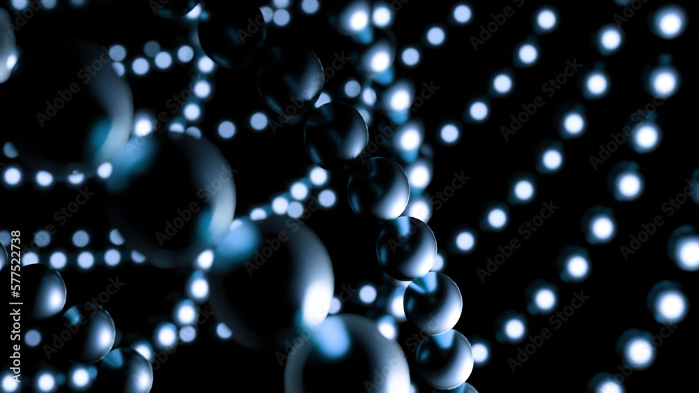 Poster balls move in lines in space. design. chains of balls move in space on black background. metal balls