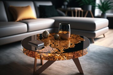 Brown epoxy resin coffee table. Generative AI. - obrazy, fototapety, plakaty