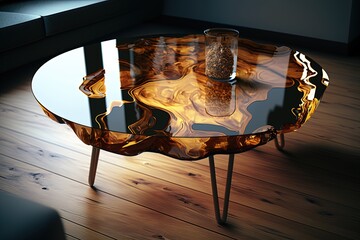 Brown epoxy resin coffee table. Generative AI. - obrazy, fototapety, plakaty