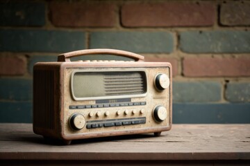 Fototapeta premium Vintage radio on wood Table over Brick wall. For Graphic or Product Montage. Generative AI
