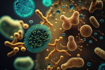 Macro close up shot of bacteria and virus cells in a scientific laboratory petri dish. Generative AI.