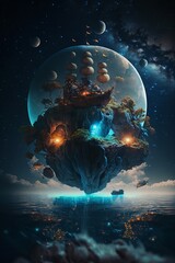 Floating and glowing island in space illustration created using generative AI.