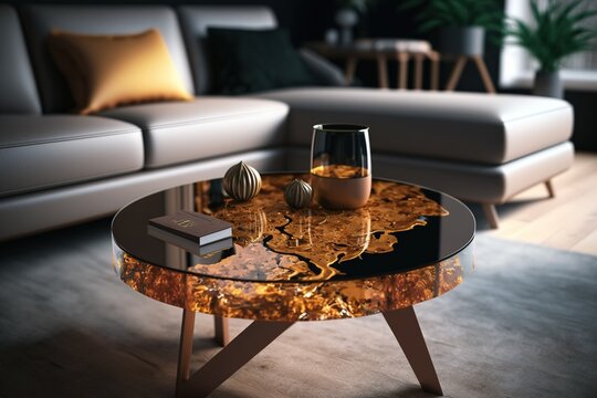 Brown epoxy resin coffee table. Generative AI.