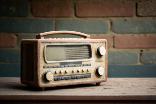 Vintage radio on wood Table over Brick wall. For Graphic or Product Montage. Generative AI