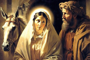 Bethlehem with Mary and Joseph. Generative AI. © SandrisK