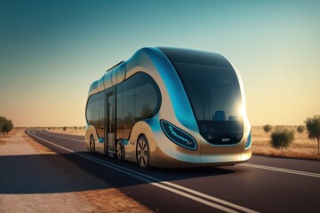 Driverless autonomous bus on the road. Generative AI.