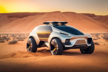 Fototapeta na wymiar Futuristic electric smart SUV car in the desert. Generative AI.