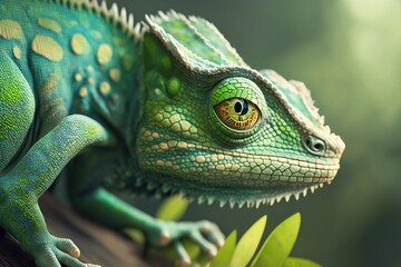 Green colored chameleon close up. Generative AI.