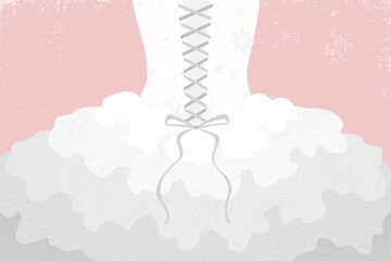 An abstract close up of the back of a ruffle ball gown dress, in a cut paper style with textures  © MLWilson
