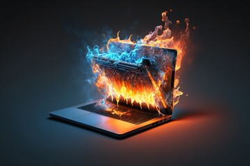 Burning laptop with flames. Generative AI.