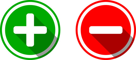 Plus Minus or Positive Negative or Yes and No or Right and Wrong or Approved and Declined Sign Icon Set with 3D Shadow Effect in Green and Red Circles. Vector Image.