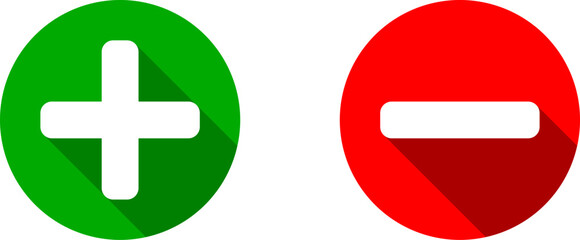 Obraz premium Plus Minus or Positive Negative or Yes and No or Right and Wrong or Approved and Declined Sign Icon Set with 3D Shadow Effect in Green and Red Circles. Vector Image.