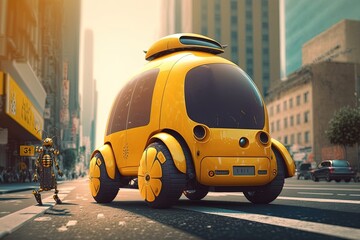 Small robot taxi rides along big city street. Artificial intelligence controls the car. Generative AI.