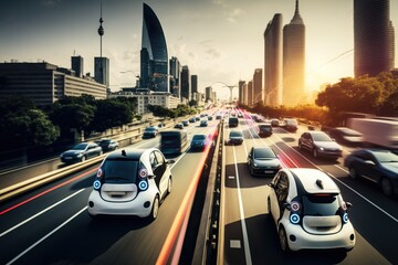 Fototapeta na wymiar Smart cars with automatic sensor driving on metropolis with wireless connection. Generative AI.