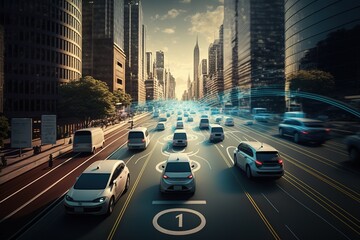 Smart cars with automatic sensor driving on metropolis with wireless connection. Generative AI.