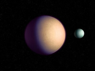 Double planet. A distant exoplanet has a large satellite. Super Earth with moon in space.