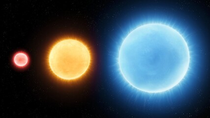 Sun, blue giant star and red dwarf on a black background. Comparison of color temperature and size...