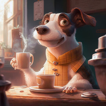 Funny Dog Having a Coffee, made with Generative AI Artificial Intelligence