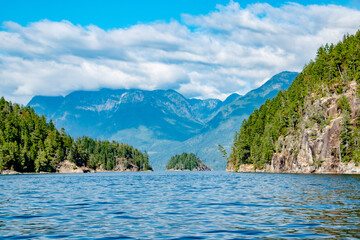 Tropical Mountains & Island on Summer Day Along Strait of Georgia in Vancouver Island, British...
