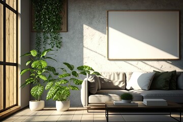 sun coming through green plants in a living room. Generative AI