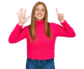 Young irish woman wearing casual clothes showing and pointing up with fingers number six while smiling confident and happy.